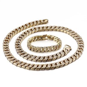 316L rostfritt stål smycken sätter glänsande mikroinsatser diamant kubanska länk halsband armband mens bling bling kedjor hip hop rock rapper stil