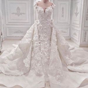 Vestido de casamento incrível sereia com overskirt 3d flores frisadas lace apliques querida vestidos de noiva fabulosa arábia saudita arábia