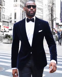 Os recém-chegados de um botão azul escuro de veludo noivo smoking lapela groomsmen melhor homem blazer terno de casamento dos homens (jaqueta + calça + gravata) d: 69