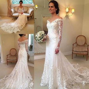 Prinzessin Spitze Schulterfreie Brautkleider Sheer Long Sleeves Mermaid Brautkleider Zurück Bedeckte Knöpfe Sweep Zug Hochzeit Vestidos