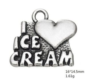 Tibetansk silverpläterad ord Charms Jag älskar Ice Cream Heart Charms Pendants för DIY armband fyndmetall