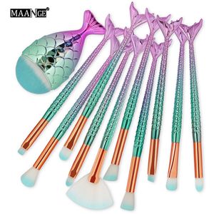 Mermaid Makeup Brushes Set 11pcs Foundation Eyebrow Eye Shadow Contour Beauty Cosmetic Make Up Brush Kit Tools with Little Fish Tail