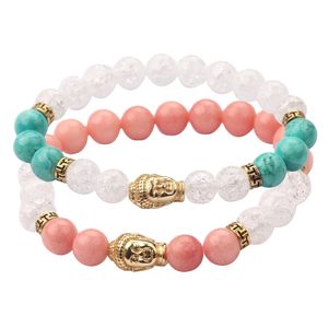 Älskare Present 8mm Rosa Strands Beaded Buddha Charm Armband Justerbara Elastiska Armband Smycken För Par MJ-BB007-8