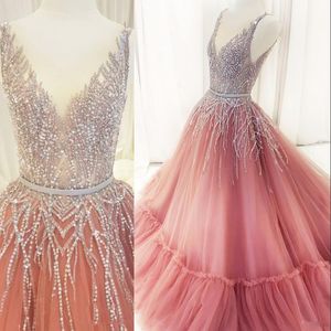 Stora Beading Prom Dresses Long Deep V Neck Sash Tulle Celebrity Quinceanera Dress Sweep Train Luxury Evening Dress