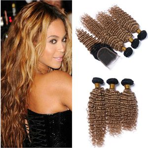 T1B/27 Honey Blonde Ombre Brazilian Deep Wave Human Hair Bundles with 4x4 Lace Closure Light Brown Ombre Virgin Hair Weaves with Closure