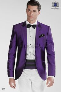 Moda Mor Erkekler Düğün Smokin Yüksek Kalite Damat Smokin Tepe Yaka Bir Düğme Erkekler Blazer 2 Parça Suit (Ceket + Pantolon + Kravat + Kuşak) 2046