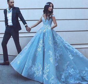 Elegante Fora Do Ombro Vestidos de Baile 2018 Árabe Novo Modesto Lace Azul Do Bebê Apliques Uma Linha Longos Formais Vestidos de Noite Ocasião Especial vestido