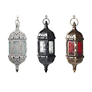 Multicolor Glass Marockan Hanging Lantern Candle Holder Romantic Iron Hurricane Lamp för uteplats utomhusfester bröllop