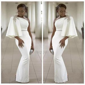 Vogue Evening Wear Dresses White One Shoulder Half Sleeves Mermaid Formal Gowns African Dubai Long Prom Celebrity Gown