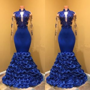 Kungliga blå långa ärmar kväll klänningar djupa v nacke mermaid prom klänningar 2018 spets approaches afrikanska kvinnor formella slitage party kappor vestidos