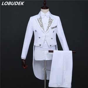 Abiti da uomo bianchi neri Abito corale Costume da smoking formale Costume da frac Pantaloni Set Abito da sposa maschio Cantante a coda di rondine Costume da palcoscenico ospite