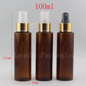 100 ml braun (bernstein) leere parfüms sprühpumpe kunststoffflaschen, nachfüllbare leere sprühflaschenbehälter mit goldenkragen