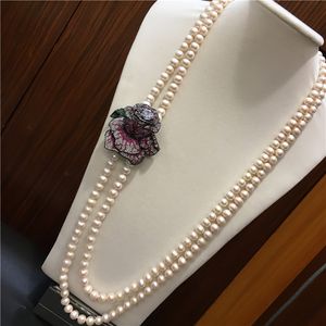 Handgeknüpfte natürliche 2-reihige 9–10 mm weiße Süßwasserperle, rosa Mikro-Inlay, Zirkon-Accessoires, Halskette, Modeschmuck