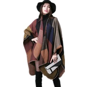 2018 Autumn Winter Cardigan Women Thick Warm Plaid Poncho and Wrap Plus Size Knitted Pashmina Cashmere Sweaters Cape MY23