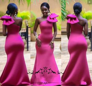 Fuchsia Mermaid Bridesmaid Dresses With Bow Satin One Shoulder Maid Of Honor Dress Custom Made Saudi African Formal Dresses Party Gowns