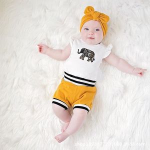 Süßes Neugeborenes Baby Mädchen Kleidung Elefant Kurzarm Tops Strampler + Shorts Hose + Stirnband 3-teiliges Mädchen-Outfit-Set Kleinkind-Mädchen-Kleidungsset