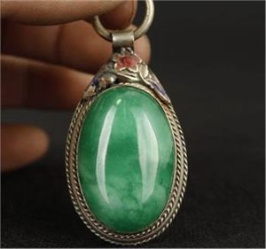 China Tibet Prata Inlay Natural Verde Jade Cloisonne Pingente De Flor Vermelha