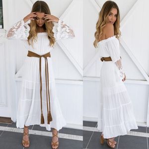 2021 sexy slash neck style Dresses skirt white Elegant lace long printed Casual Dress for beach