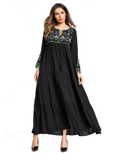 Wiosna Lato Etniczna haftowana sukienka damska elegancka przypadkowa muzułmańska długi suknia czarna luźna linia sukienki kobiety