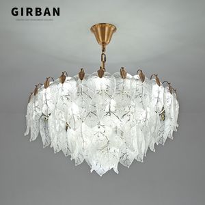 Modern Pendant Light Romantic Glass Frosted White Leaf Shape Crystal Droplight E14 AC110-240V Living Room Bedroom Hanging Chandelier Lamp