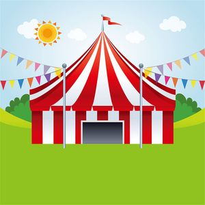 Tecknad cirkus bakgrund för fotografering tryckt solblå himmel flaggor grönt gräs baby barn födelsedagsfest foto booth bakgrund