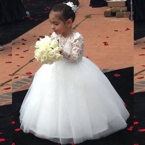 Ucuz Çiçek Kız Elbise Jewel Boyun Dantel Aplikler Uzun Kollu Tül Balo Doğum Günü Elbiseler İlk Communion Kızlar Pageant Elbise