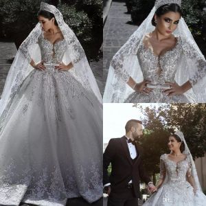 2019 Luxo Lace Ball Ball Vestidos de Noiva Vestidos V Decote Renda Cristal Vestidos Noiva Varredura Trem Plus Size Manga Longa Vestido de Noiva