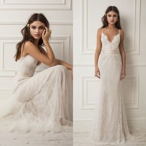 Lihi Hod 2019 Eleganckie suknie ślubne Backless Lace Appliqued Spaghetti Neck Suknie ślubne Robes De Soirée Custom Made Sukienka ślubna