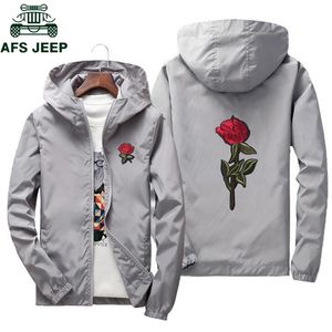 AFS Jeep Haft Rose Flower Windbreaker Kurtka Mężczyźni Duży Rozmiar S-7XL Bombowiec Kurtki Skóry Męskie Kurtki Jaqueta Masculina