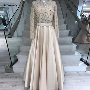 Muslim Long Sleeve Crystal Beaded Formal Evening Prom Party Dress Mother Of The Bride Kaftan Dubai Turkish Evening Gowns Dresses