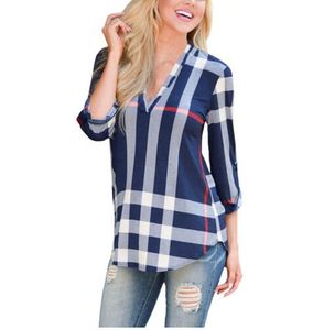 2017 Autumn Fashion Ladies Top V Neck Tops Tee Plaid Women Blouse Shirt Three-quarter Sleeve Casual Feminine Blouses