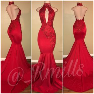 2018 Red High Neck Satin Prom Dresses Lace Appliques Beaded Sexy Backless Mermaid Long Evening Dresses Royal Blue Special Occasion Dresses
