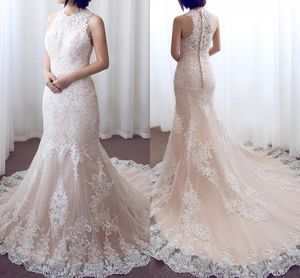 Designer Champagne New Mermaid Dresses Jewel Neck Lace Applique Court Train Bridal Gowns Wedding Dress Vestidos