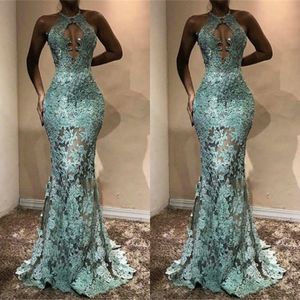 Mint Green 2018 Mermaid Dress Evening Wear Keyhole Neck Lace Appliqued Prom Gowns Plus Size Special Occasion Dresses
