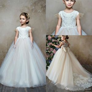 Abiti adorabili a fiori per ragazze, applique in pizzo, collo gioiello, tulle, fiocco, lunghezza fino al pavimento per abito da ballo per bambini