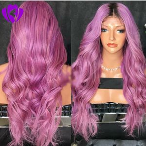中央部分Ombre紫色のピンクのかつら長い耐熱性髪のアニメコスプレブロガーの毎日の化粧合成レースフロントウェディングパーティーかつら