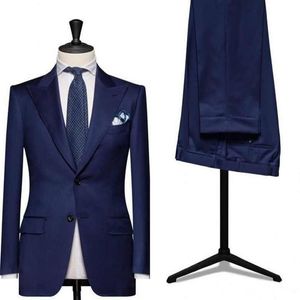 Helt ny marinblå män bröllop tuxedos högkvalitativ brudgum tuxedos topp lapel två knapp män blazer 2 bit kostym (jacka + byxor + slips) 614
