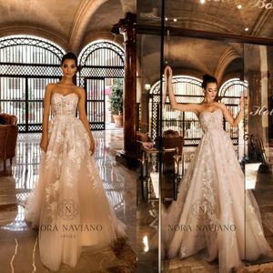 Plażowe sukienki ślubne Nora Naviano Koronka Koronka Sieć pociąg plus size pleców tiul boho ślubny suknie ślubne szatę de Marie
