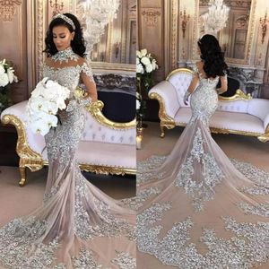 Sexy Mermaid Style Wedding Dress High Neck Bling Bling Appliques Chapel Train Luxury Illusion Long Sleeves Bridal Gowns For Bride