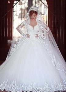Exquisite Ball Gown Lace Wedding Dress Lace Long Sleeve Sheer with lace applique shining Sequins Beads Court Train vestido de novia