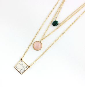 Fashion Natural Stone pink crystal white Turquoise Necklace Gold Metal Long Chain Sweater Statement multilayer Necklace