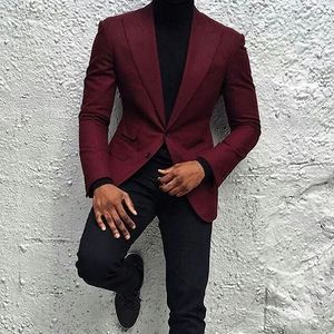 New Fashion Burgundy Groom Tuxedos Two Button Slim Fit Groomsmen Men Business Formal Suit Party Prom Suit(Jacket+Pants+Tie) NO: 118