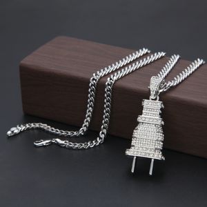 Promotion + Guldpläterad CED Out Bling Mäns Plug Pendant Halsband Pläterad Charm Micro Pave Full Rhinestone Kubansk kedja Hip Hop Smycken