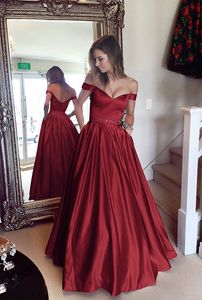 Elegant Red Wine Ball Gowns Prom Dresses Off Shoulder Crystal Beaded Sash Satin Floor Length Dark Red Backless Evening Dresses HY4094