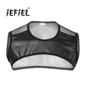 Mens Faux Deri Patchwork Kolsuz Sheer Mesh Kas Yarım Tank Üst Yelek Koşum Clubwear Sahne Performans Kostüm Kırpma Üstleri