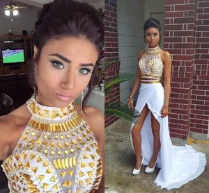 African Gold Crystal Two Piece Dresses Neck White Chiffon Sexy High Split Prom Party Gowns Open Back Women Pageant Dress