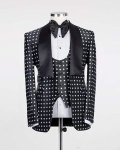 Custom Design Black White Dot Män Bröllop Tuxedos Sjal Lapel One Button Groom Tuxedos Högkvalitativa män 3 Piece Suit (Jacka + Byxor + Tie + Vest) 2