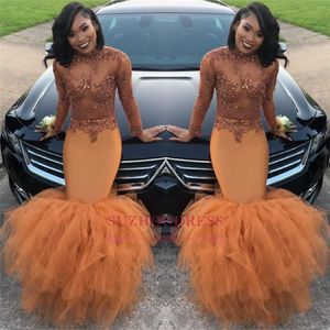 2k18 African Long Sleeve Prom Dresses Tiered Skirts High Neck See through Lace Applique Top Beaded Plus Size Evening Gowns BA8084