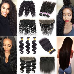 34 36 Inch Human Remy Hair Bundles With Lace Frontal Closure Straight Body Deep Water Loose Wave Jerry Kinky Curly Brazilian Virgin 3 4 Weave Weft Extension 10A Grade