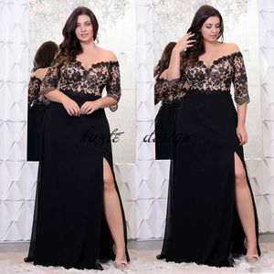 Black Lace Plus Size Prom Dresses With Half Sleeves Off The Shoulder V-Neck Split Side Evening Gowns A-Line Chiffon Formal Dress on Sale